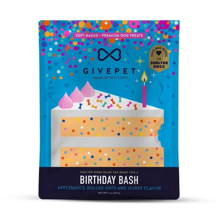 GIVEPET birthday-themed dog treat package with colorful confetti and cake illustration.