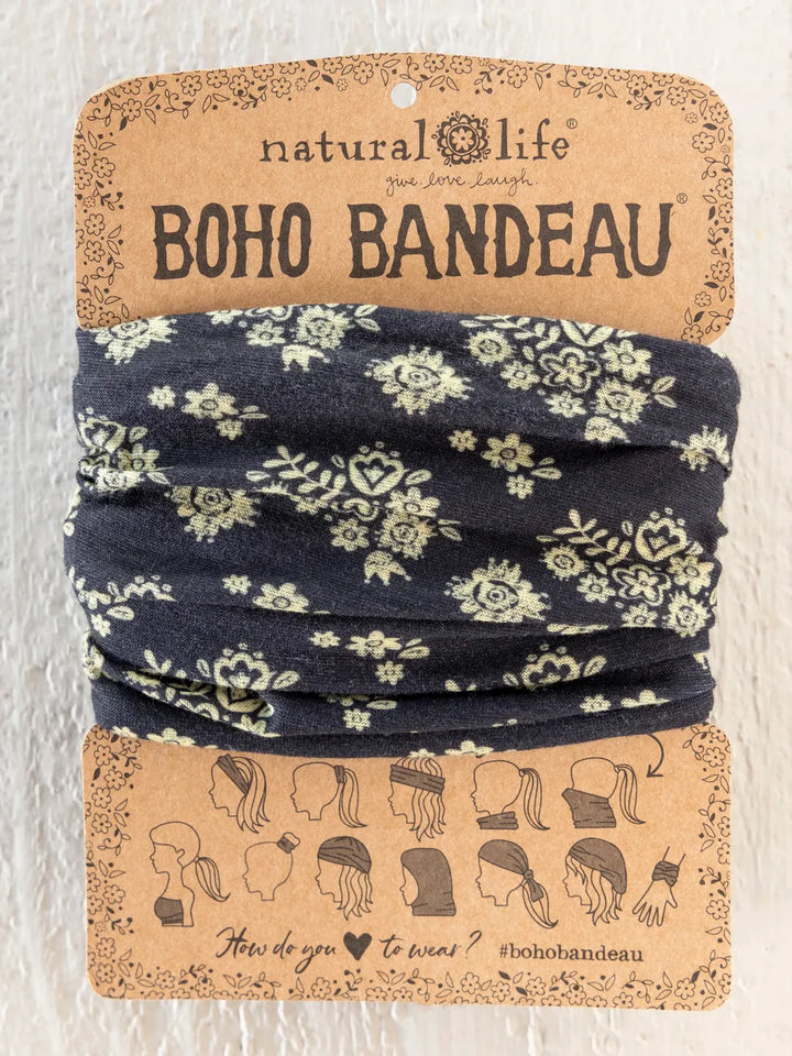 Boho bandeau with floral pattern on a cardboard backing with &