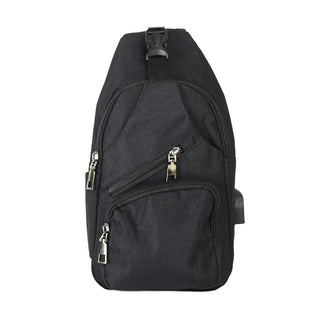 A black anti-theft daypack with multiple zippers and a USB port on the side.