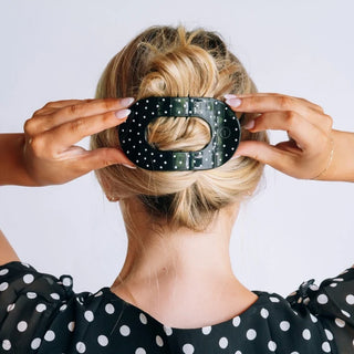 Teleties Flat Round Hair Clip- Black Polka Dot Party