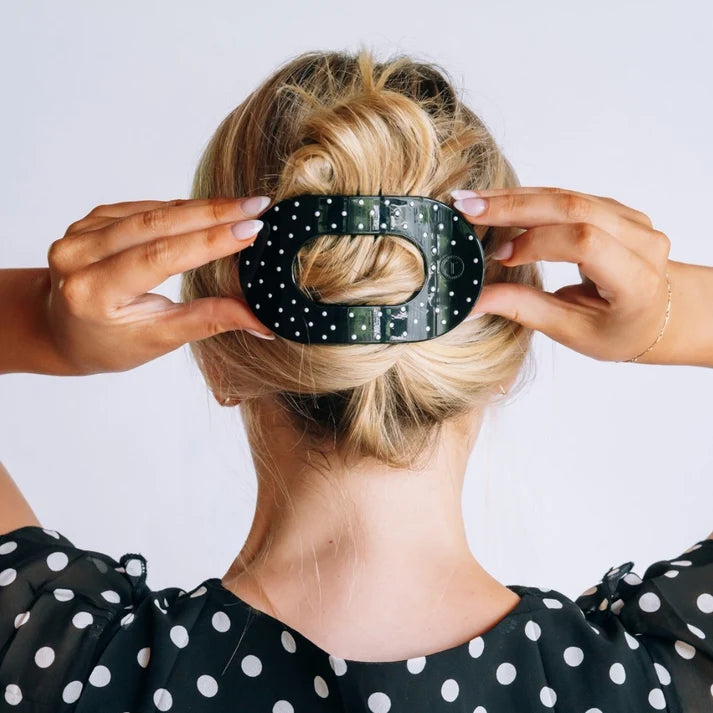 Teleties Flat Round Hair Clip- Black Polka Dot Party