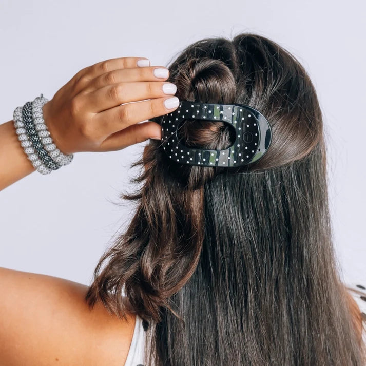 Teleties Flat Round Hair Clip- Black Polka Dot Party