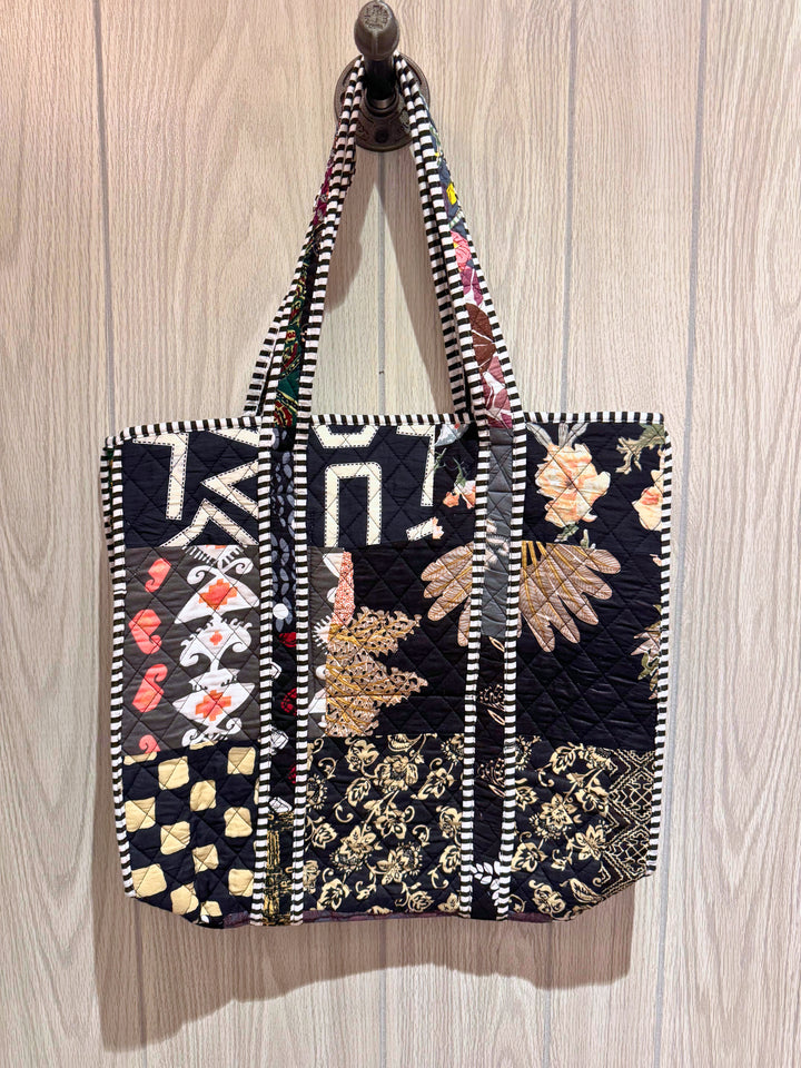 Oversized Quilted Tote Bag in Black Patchwork