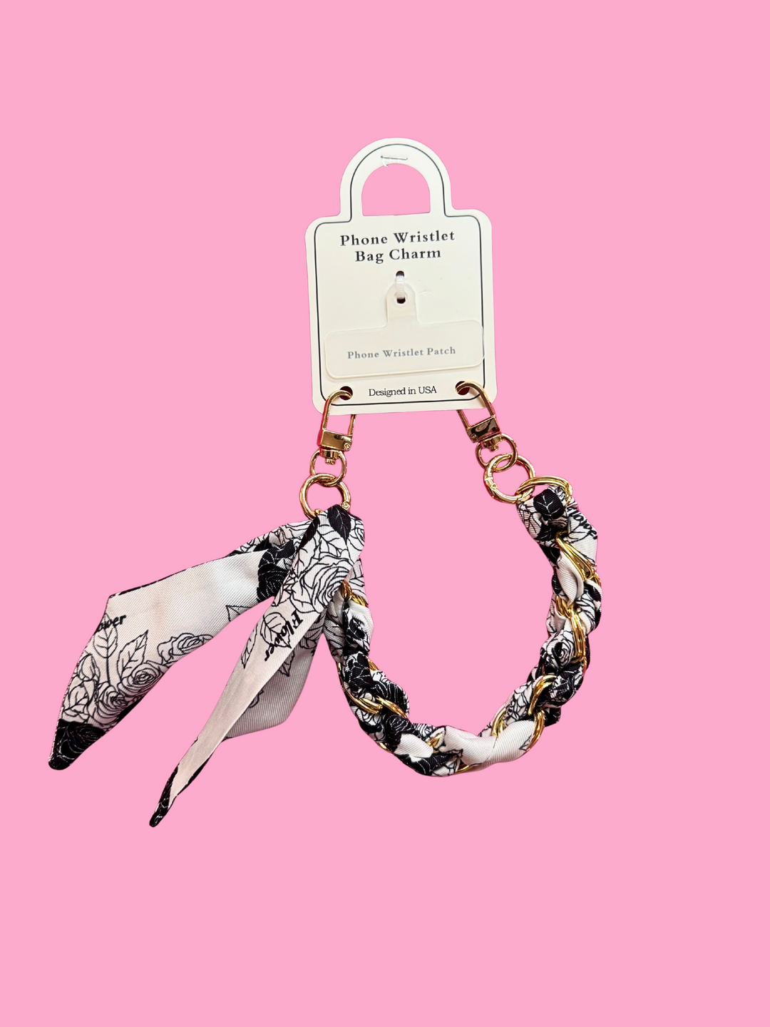 Black and white floral pattern silk scarf keychain