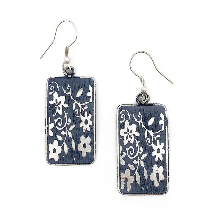Rectangular earrings with floral pattern on a white background