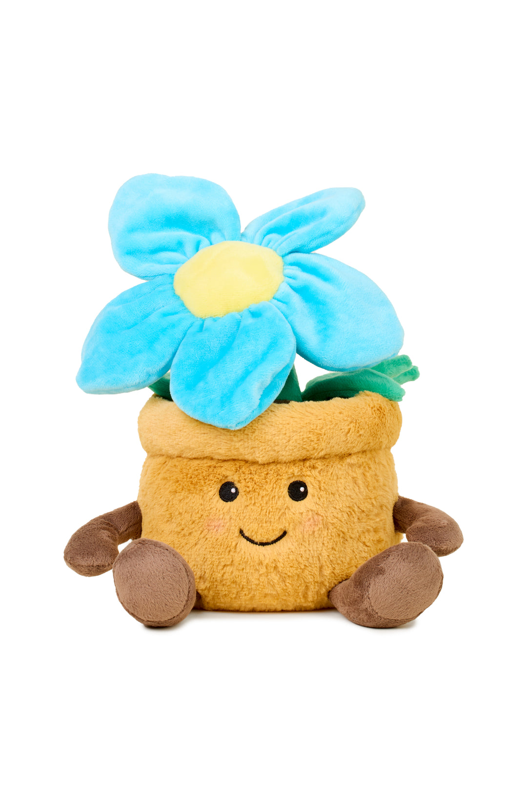 Plush toy with a blue flower and yellow center on a white background