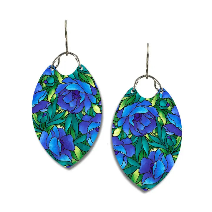 Pair of earrings with blue floral design on a white background