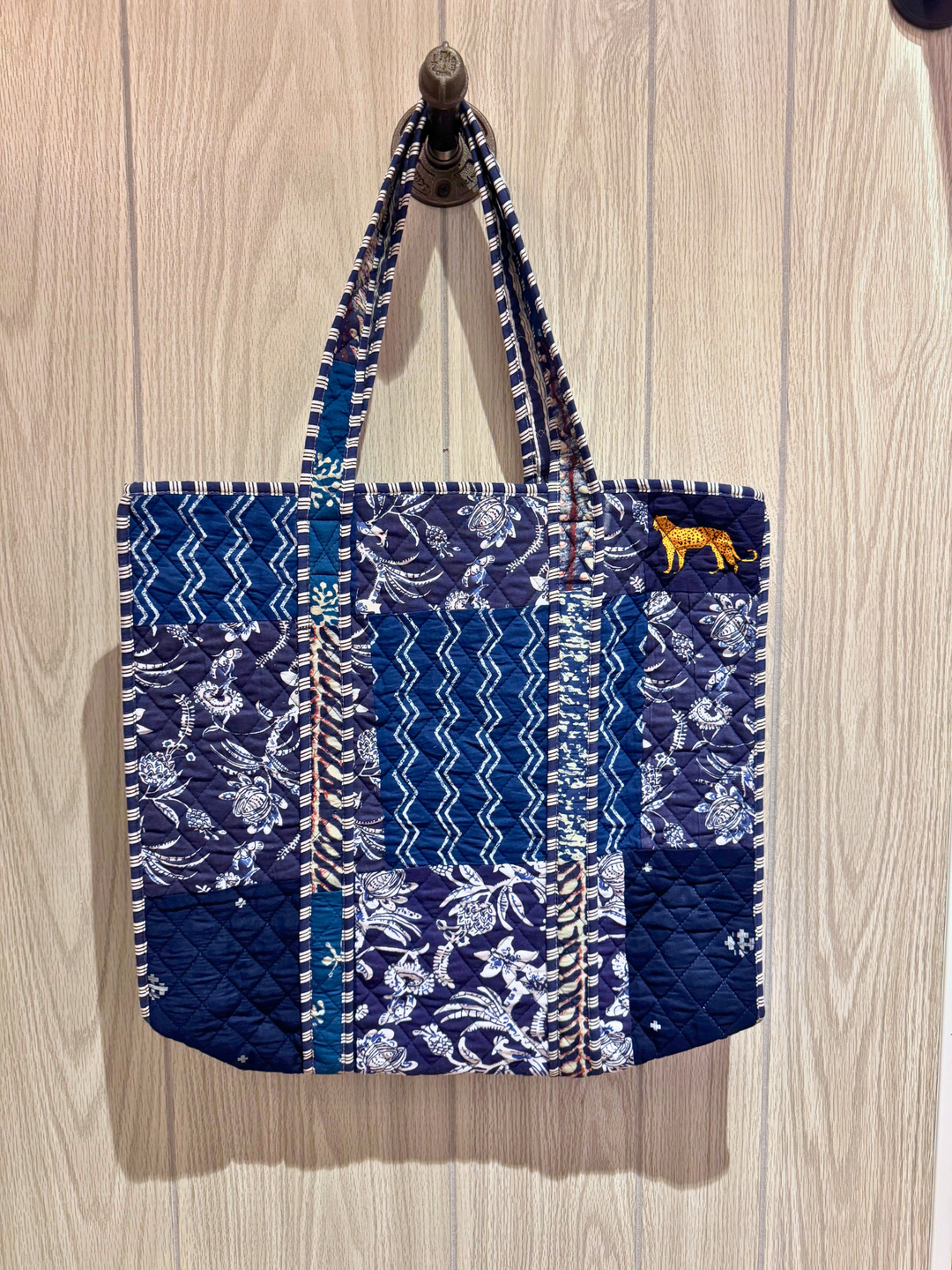 blue patchwork quilted tote bag