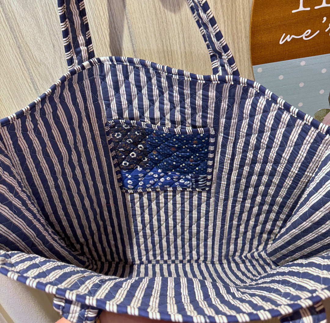 Oversized Quilted Tote Bag in Blue Patchwork