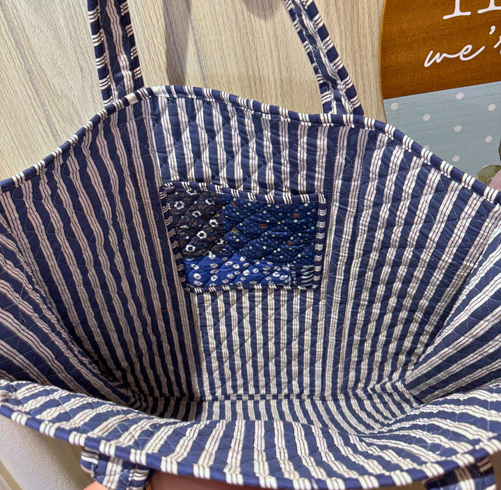 Oversized Quilted Tote Bag in Blue Patchwork