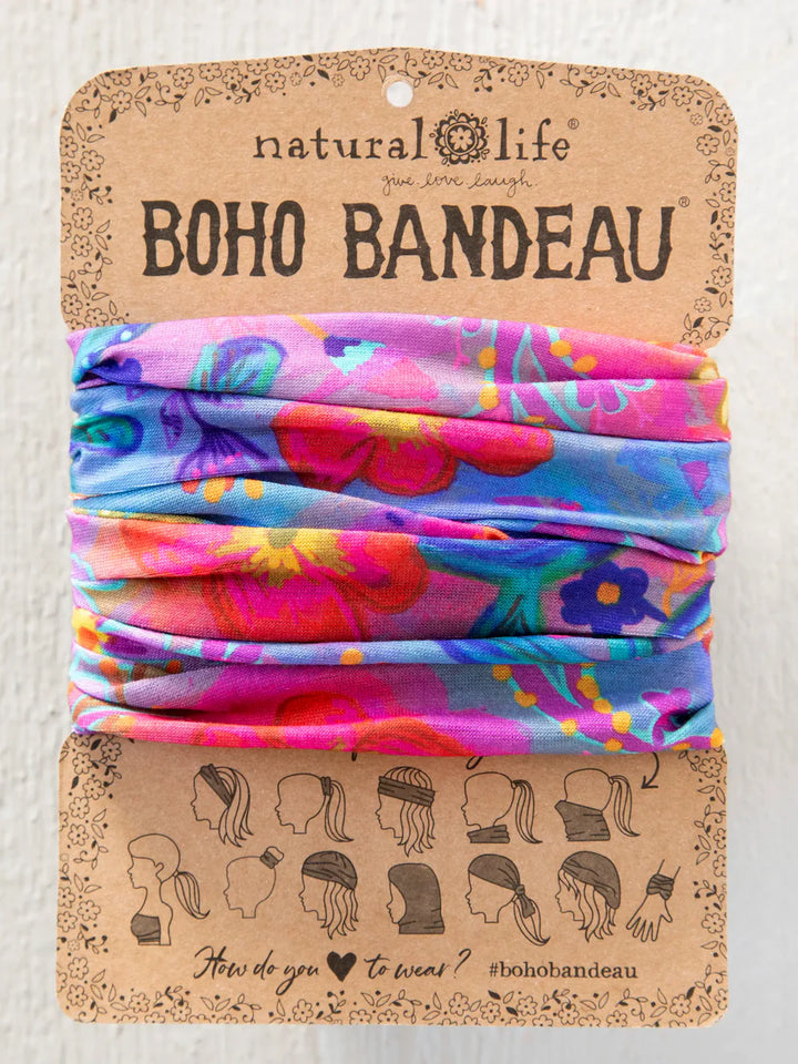 Colorful boho bandeau on a natural life branded card with patterns and text.