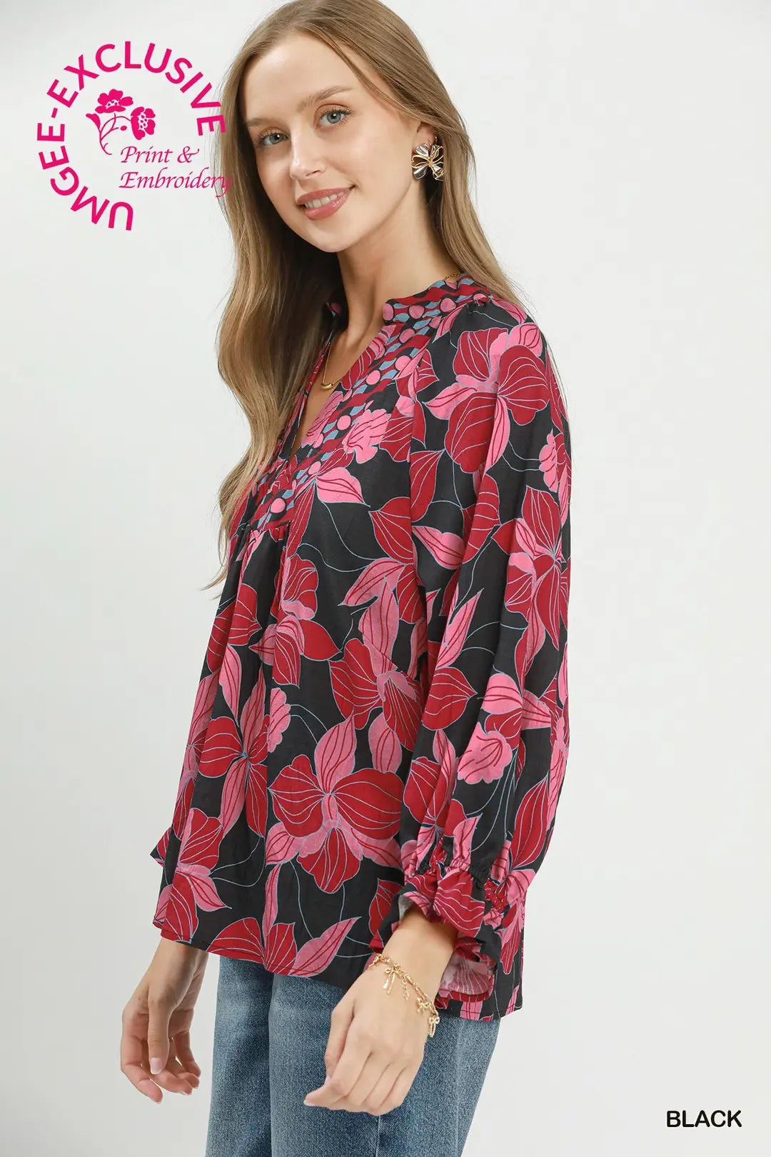 Bold Floral Split Neck Blouse in Black