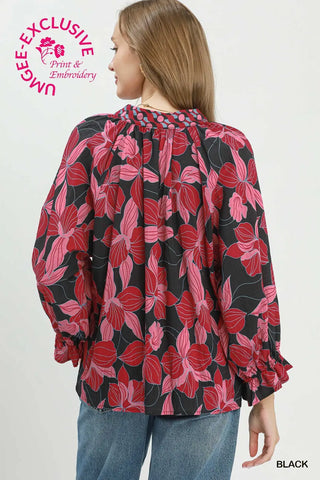 Bold Floral Split Neck Blouse in Black