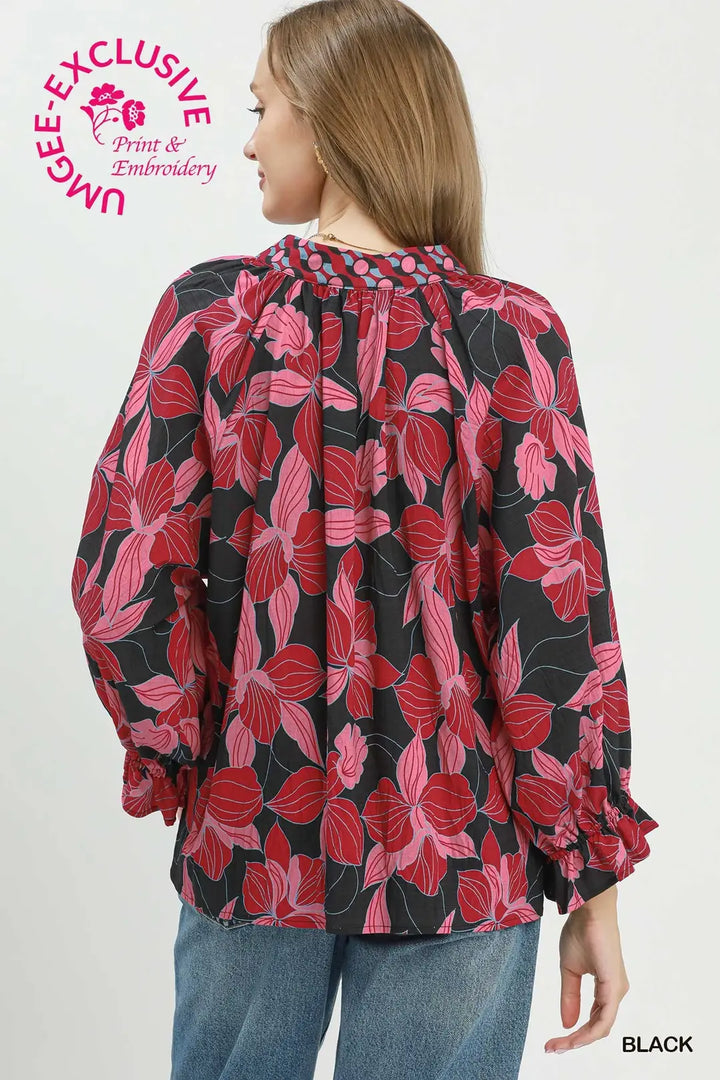 Bold Floral Split Neck Blouse in Black