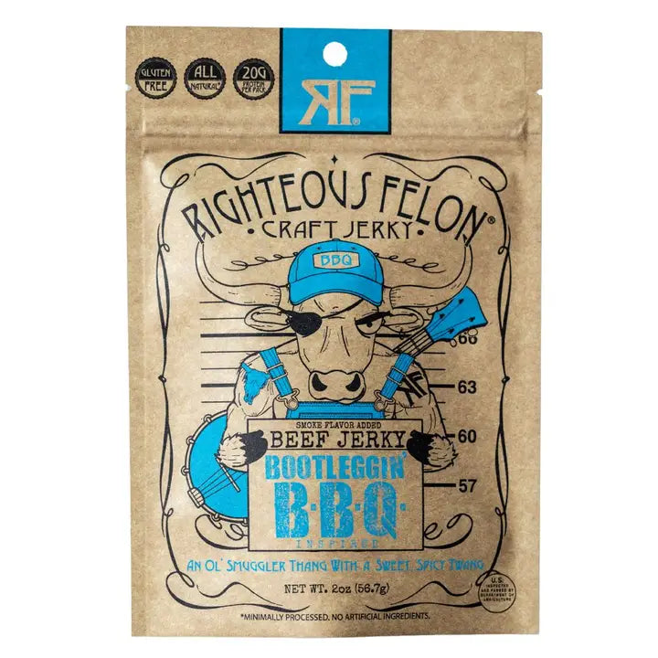 Righteous Felon craft jerky packaging with a cow illustration on a brown background
