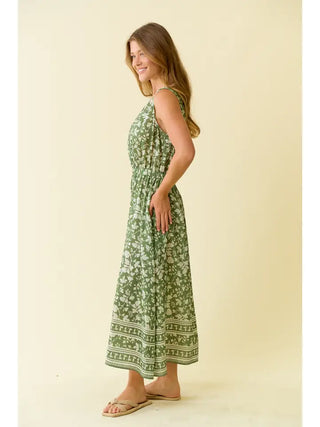 Border Print Midi Surplice Dress in Sage Ivory