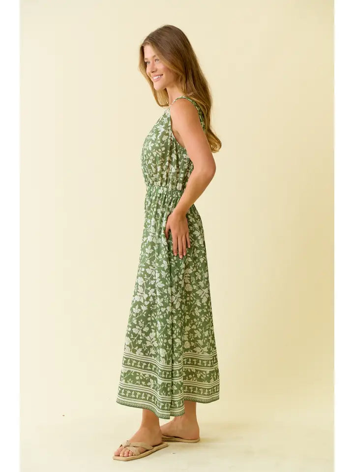 Border Print Midi Surplice Dress in Sage Ivory