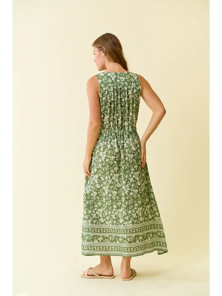 Border Print Midi Surplice Dress in Sage Ivory