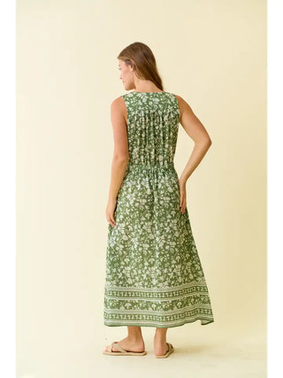 Border Print Midi Surplice Dress in Sage Ivory