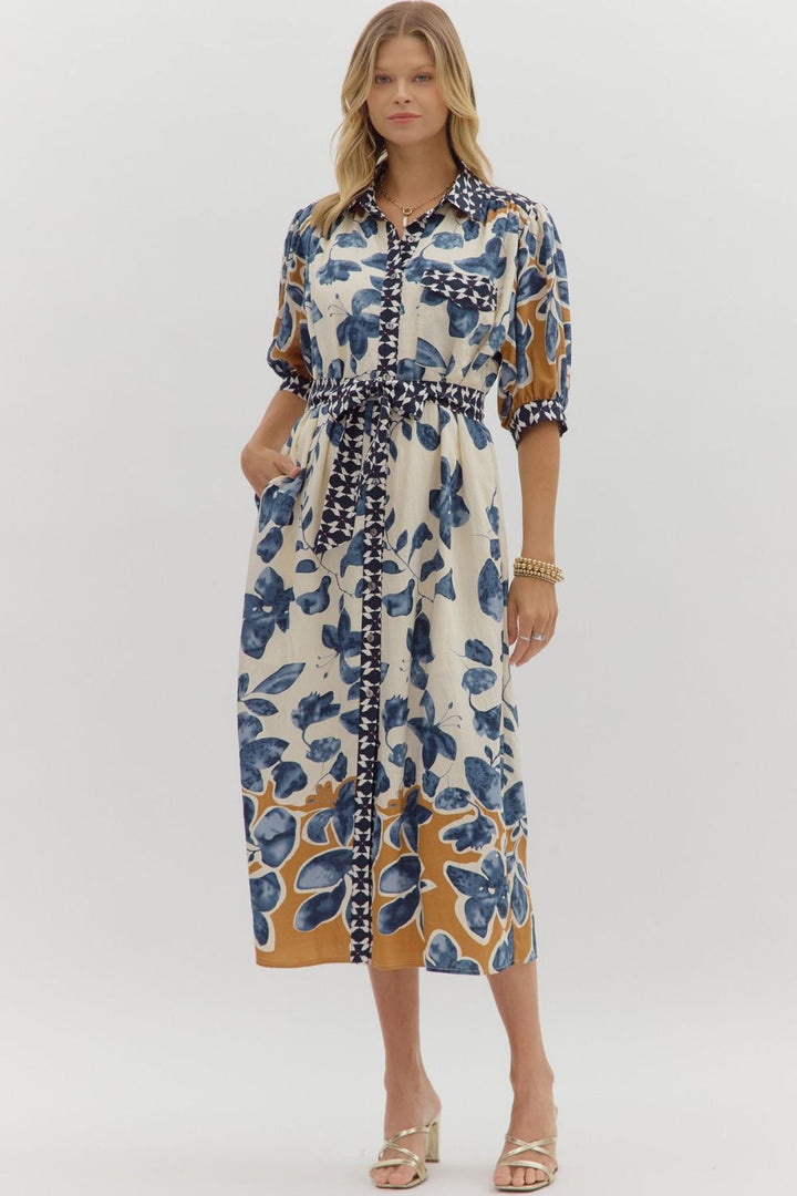 Botanical Midi Button Front Dress in Slate Blue