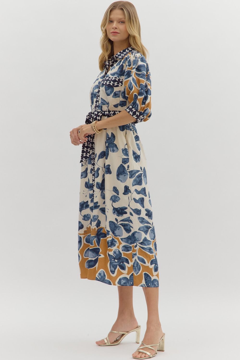 Botanical Midi Button Front Dress in Slate Blue
