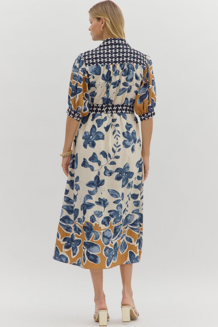 Botanical Midi Button Front Dress in Slate Blue