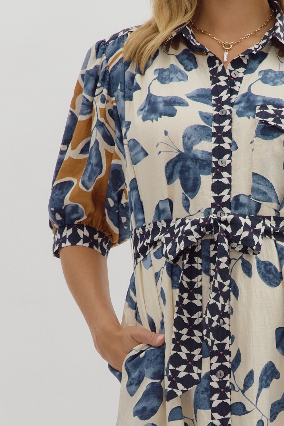 Botanical Midi Button Front Dress in Slate Blue