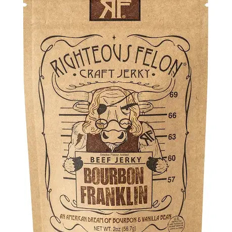 Righteous Felon Bourbon Franklin beef jerky packaging on a brown background
