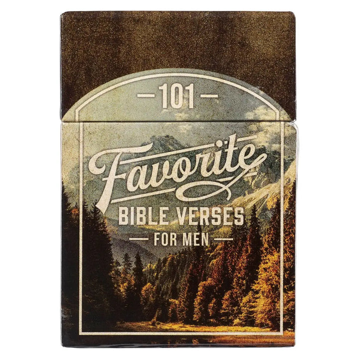 Book cover with '101 Favorite Bible Verses for Men' text and mountain landscape design.