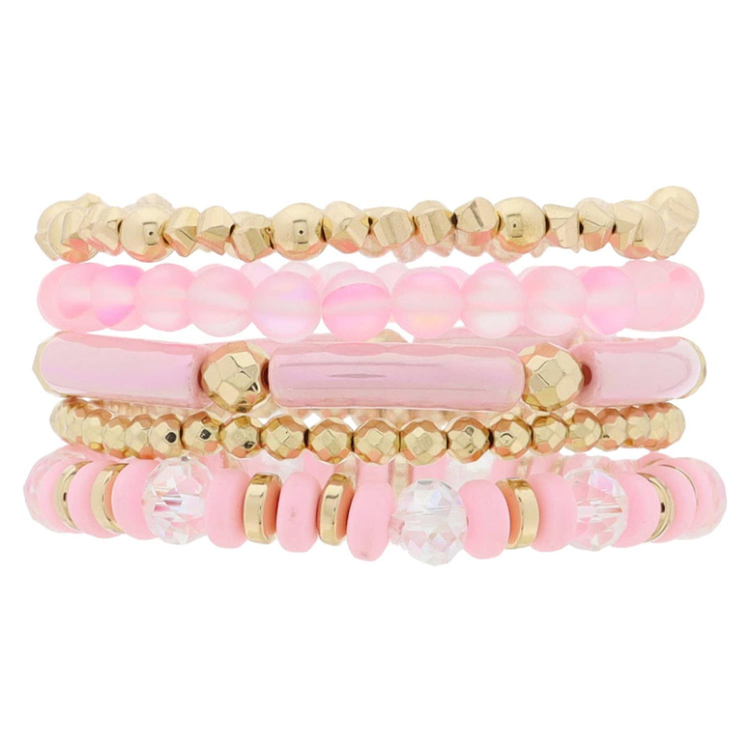 Set of 5 Fun Colorful Bracelets- Pink and Gold