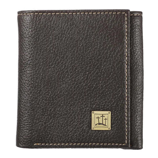 Black leather wallet with a gold emblem on a white background