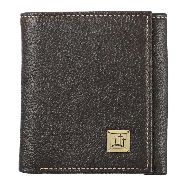 Black leather wallet with a gold emblem on a white background