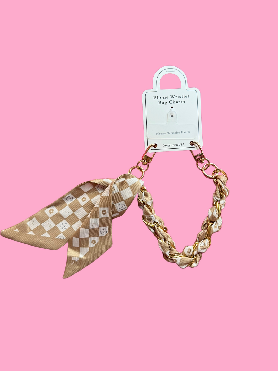 tan checkered silk scarf keychain