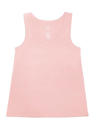 A light pink sleeveless tank top laid flat against a white background, featuring a scoop neck and a small white printed logo inside the collar.