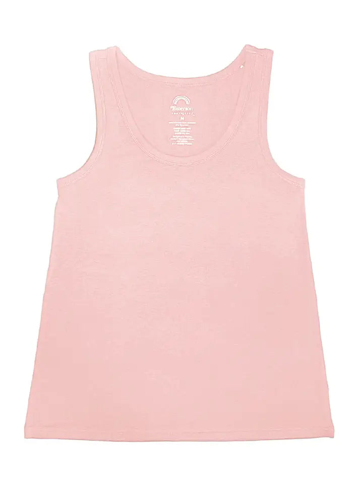 A light pink sleeveless tank top laid flat against a white background, featuring a scoop neck and a small white printed logo inside the collar.