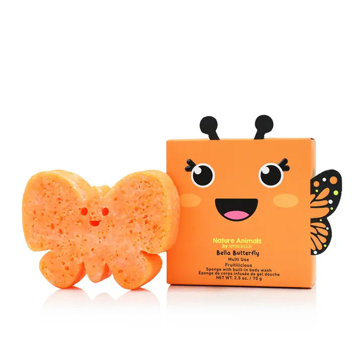 Butterfly-shaped sponge with a matching orange box on a white background