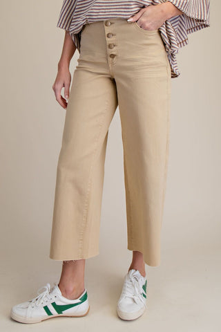 Button Front Stretch Twill Pants in Khaki