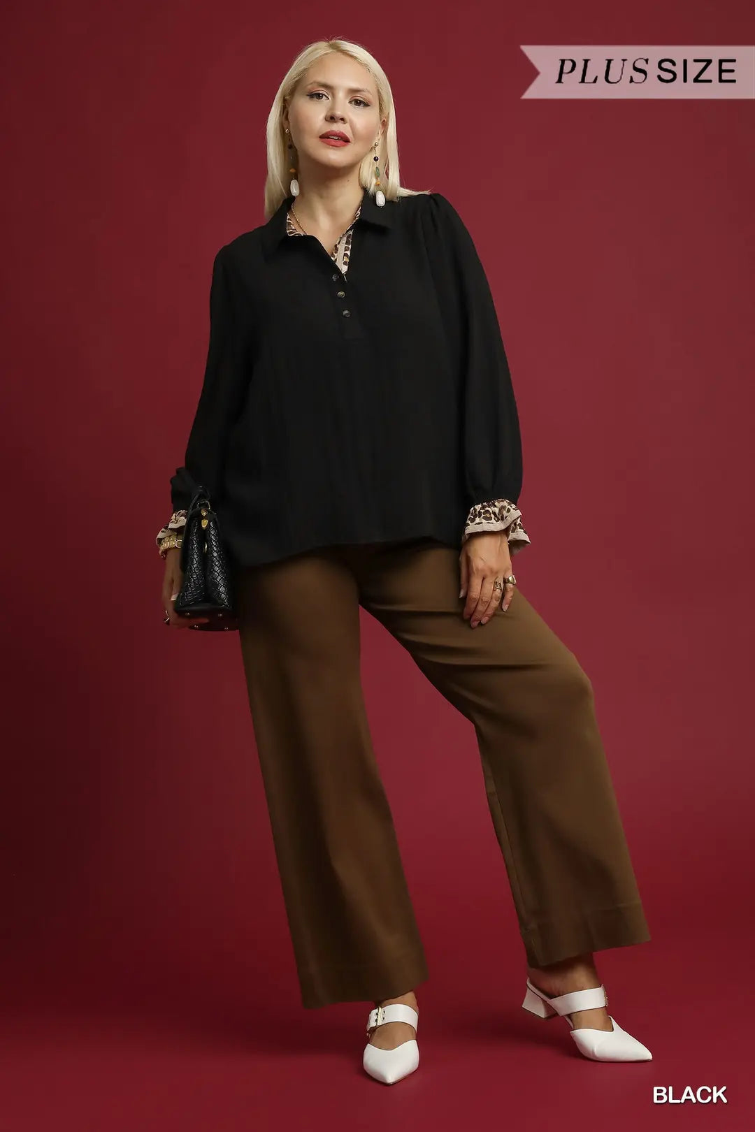 Button-Up Blouse with Leopard Print Trim