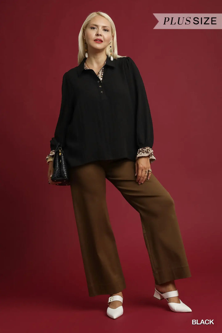 Button-Up Blouse with Leopard Print Trim