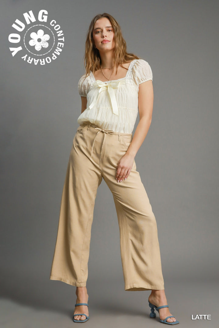 Jazlyn Linen Elastic Waistband Pants in Latte