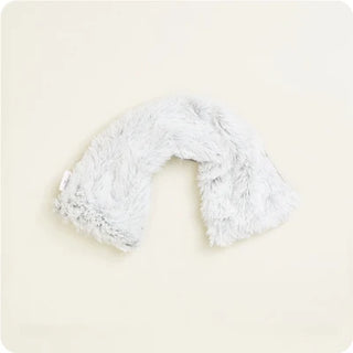 plush light gray neck wrap filled with grain and lavender on a cream background