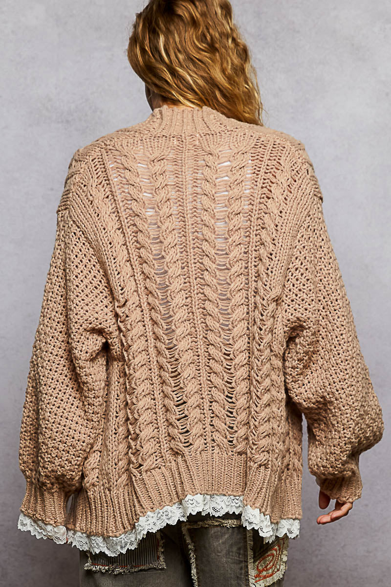 Knit Cardigan with Lace Trim in Beige