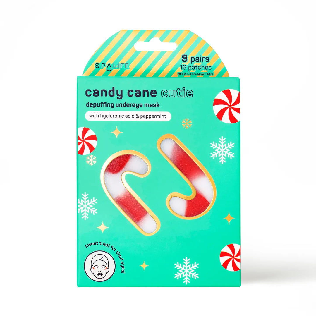 Packaging of candy cane-shaped depuffing under-eye masks with a green background