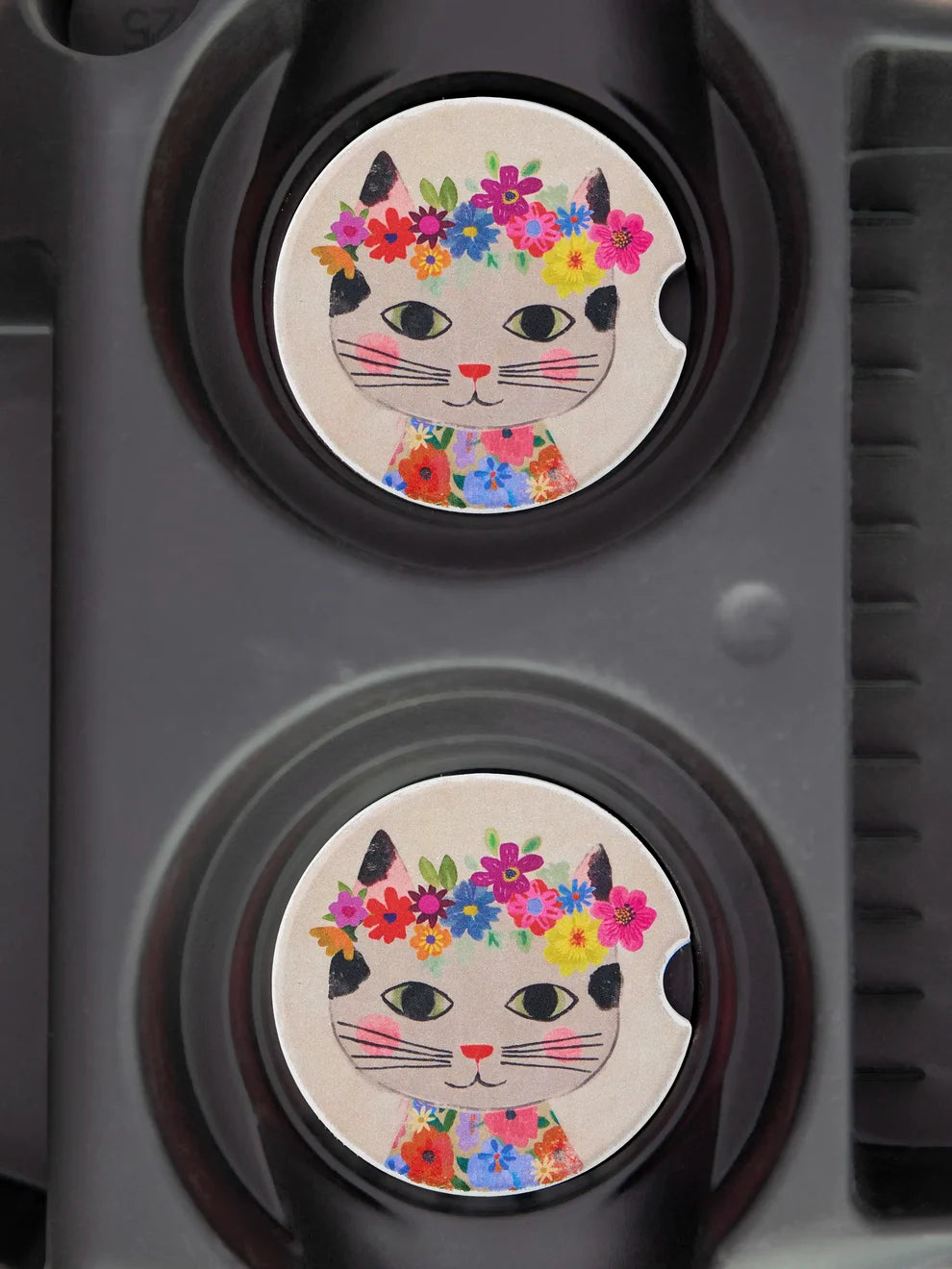 Set of Two Car Coasters- Floral Cat