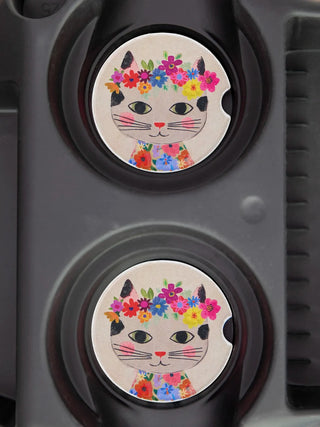 Set of Two Car Coasters- Floral Cat