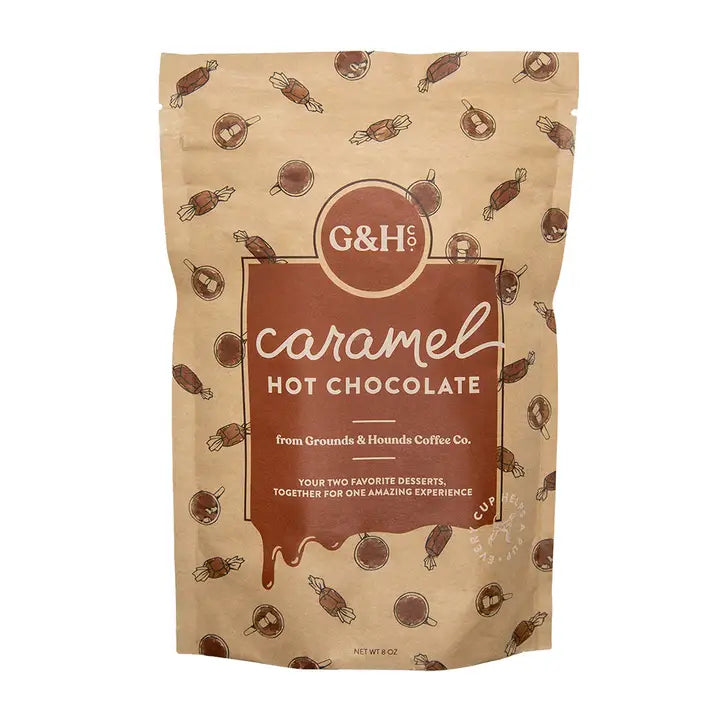 G&H's Caramel Hot Chocolate packaging on a beige background