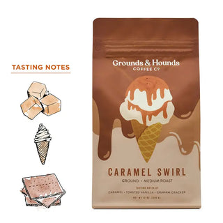 Grounds & Hounds Coffee Co. Caramel Swirl coffee package with ice cream cone illustration on a white background.