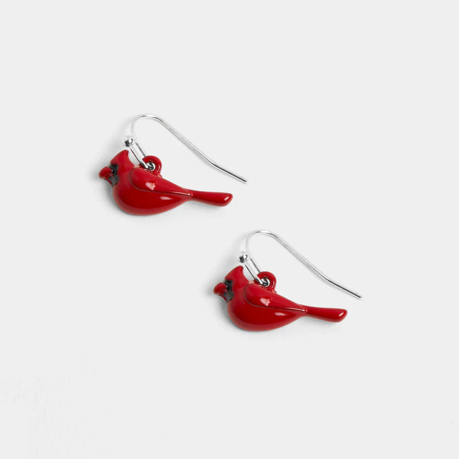 Red cardinal bird earrings on a white background