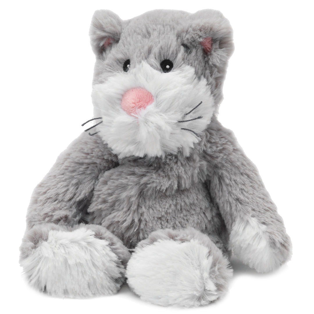 Plush toy cat with gray fur and pink nose on a white background