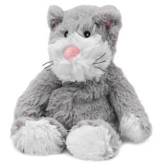 Plush toy cat with gray fur and pink nose on a white background